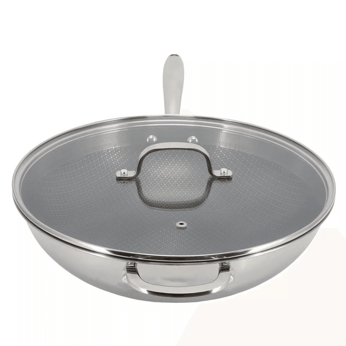 Stainless steel wok with lid on a white background