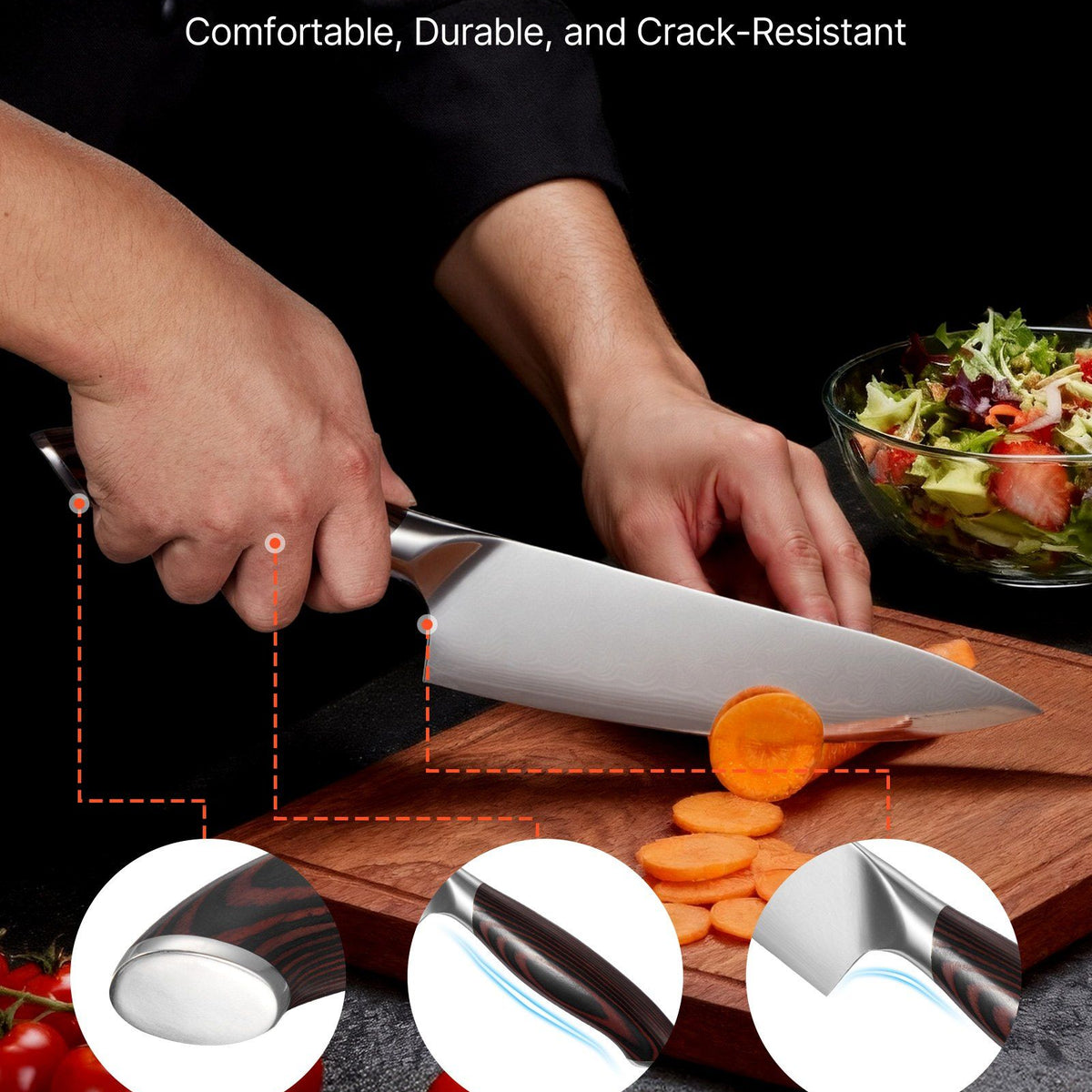 Person using a knife with an ergonomic handle on a cutting board, surrounded by vegetables.