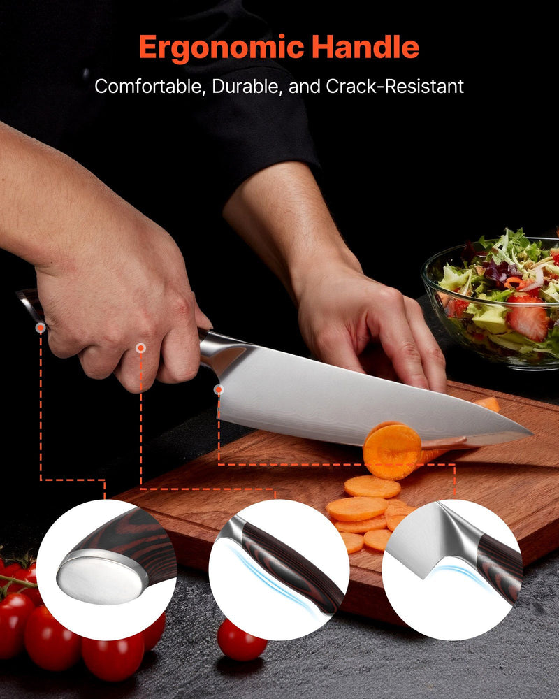 Person using a knife with an ergonomic handle on a cutting board, surrounded by vegetables.