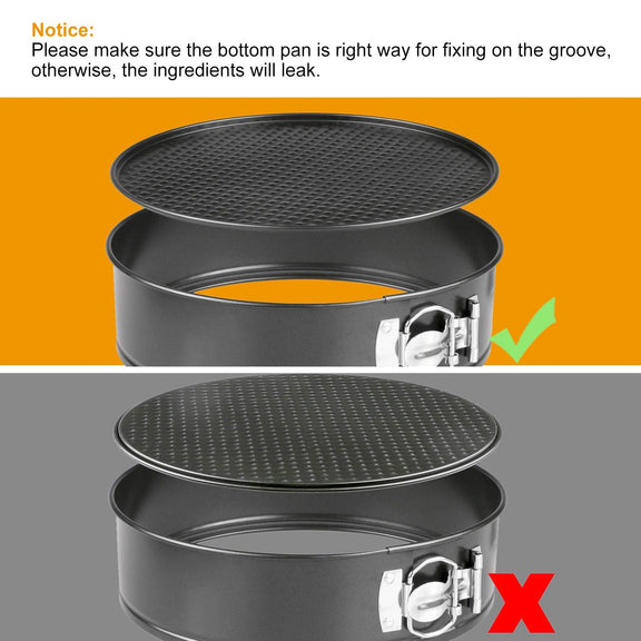 Metal springform pan with correct and incorrect usage on an orange and gray background