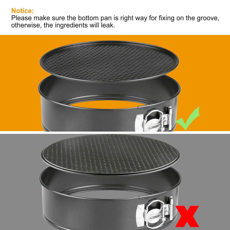Metal springform pan with correct and incorrect usage on an orange and gray background