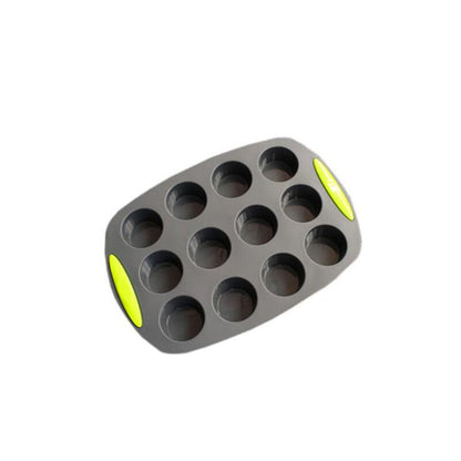 Gray muffin tin with yellow accents on a white background