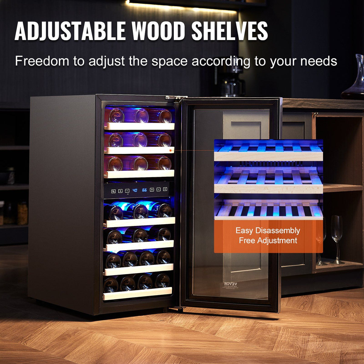 Wine cooler with adjustable wood shelves in a kitchen setting