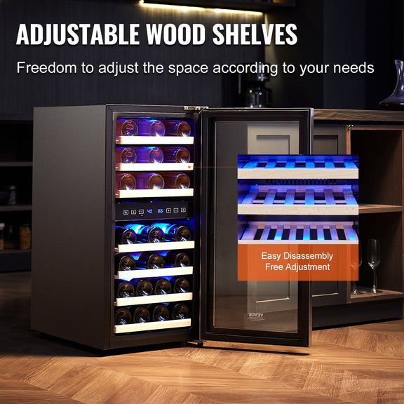Wine cooler with adjustable wood shelves in a kitchen setting