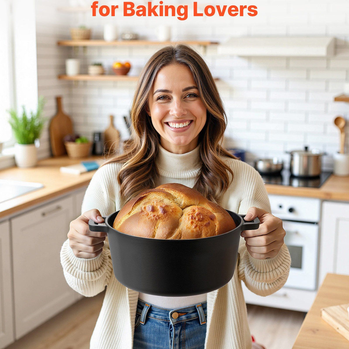 Woman holding a loaf of bread in a kitchen with text 'The Exceptional Gift for Baking Lovers'.