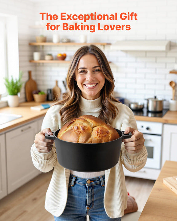 Woman holding a loaf of bread in a kitchen with text 'The Exceptional Gift for Baking Lovers'.