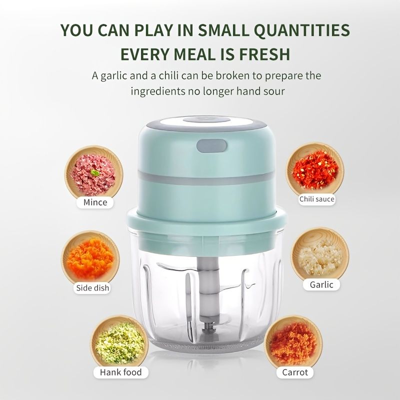 Small food chopper with images of minced garlic, chili sauce, side dish, hank food, and carrot on a white background.