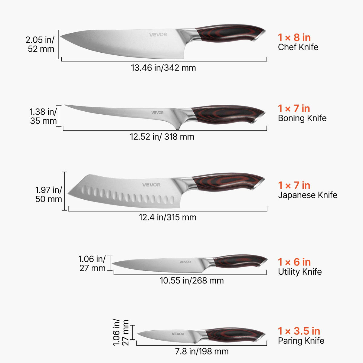 5-piece professional knife set with measurements and Vevor branding on a white background