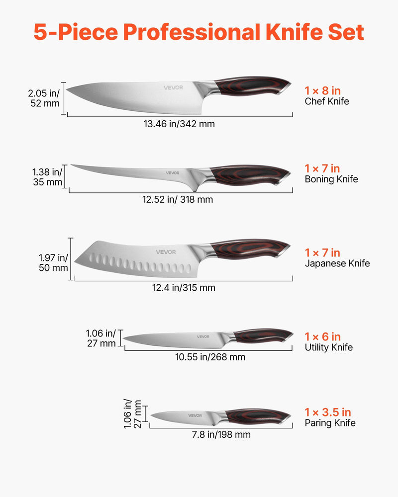 5-piece professional knife set with measurements and Vevor branding on a white background