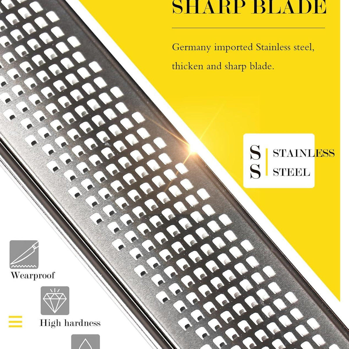 Closeup of lemon zester with labels on yellow and grey background