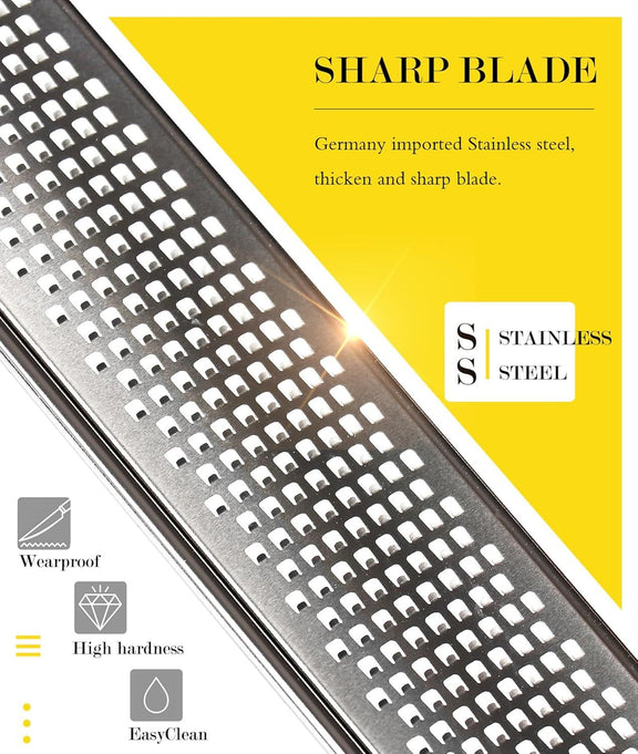 Closeup of lemon zester with labels on yellow and grey background