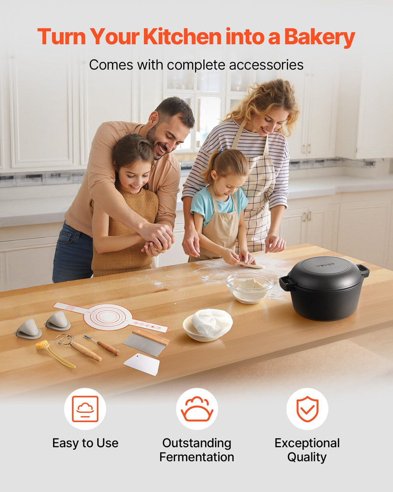 Family in a kitchen with baking accessories, emphasizing ease of use, outstanding fermentation, and exceptional quality.