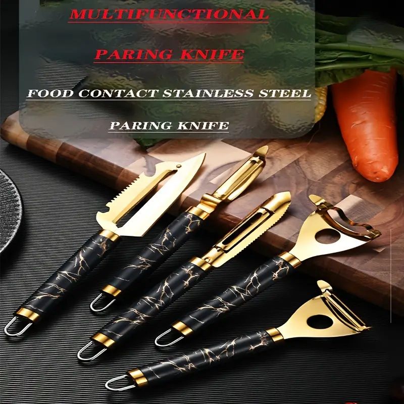 Set of multifunctional paring knives with black and gold handles on a dark surface.