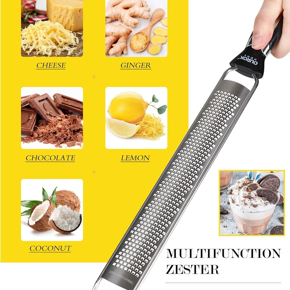 closeup of multifunction zester with types of foods to zest on yellow and white background