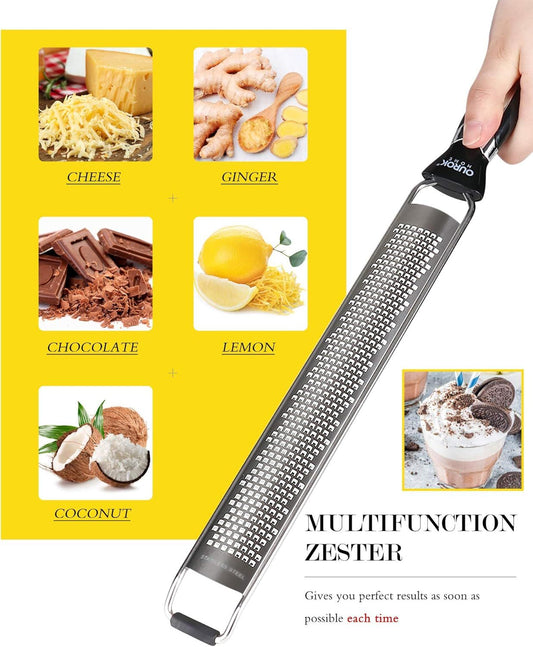 closeup of multifunction zester with types of foods to zest on yellow and white background