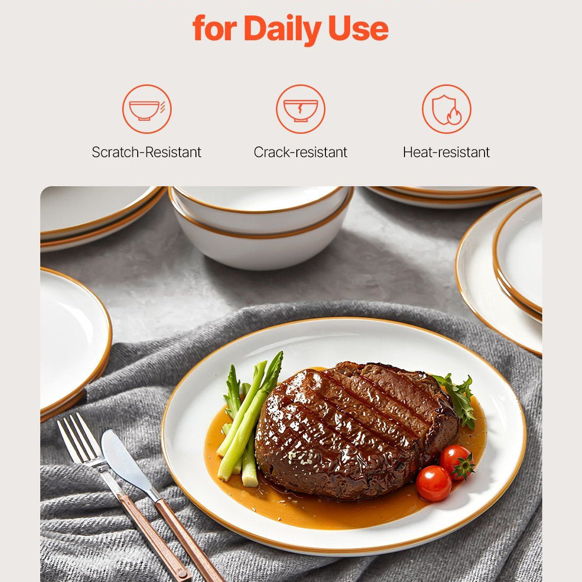 Durable thick ceramics for daily use with a plate of steak and vegetables on a gray cloth.