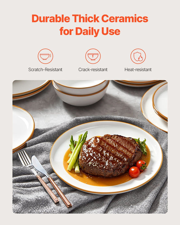 Durable thick ceramics for daily use with a plate of steak and vegetables on a gray cloth.