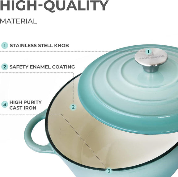 Teal enameled cast iron cookware with lid, highlighting material quality features.