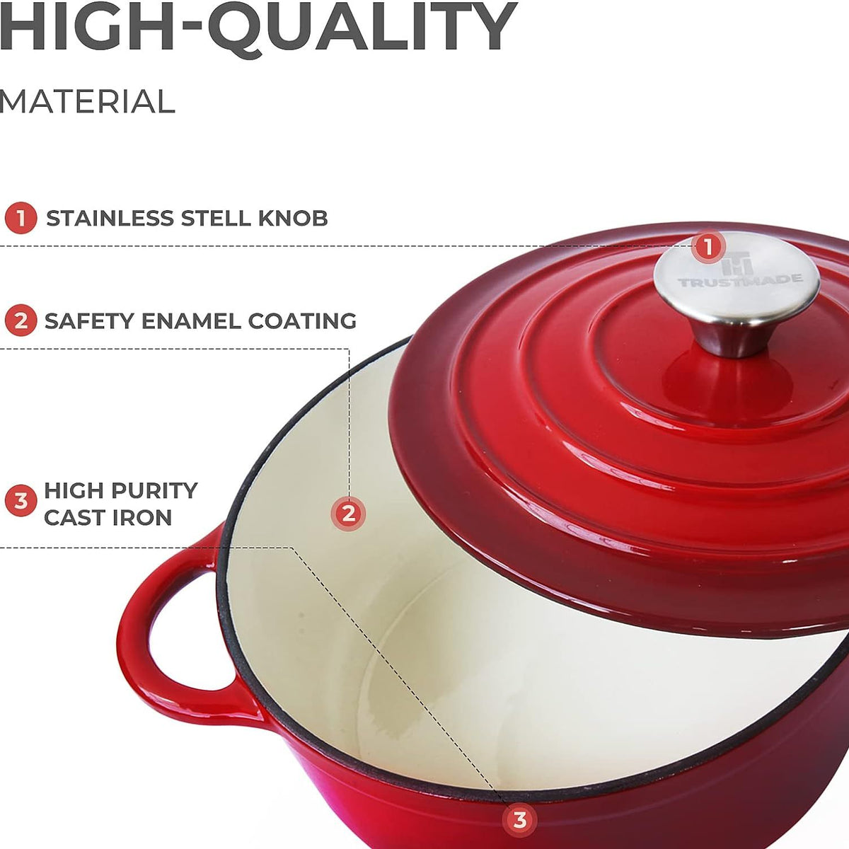 Red enameled cast iron cookware with features highlighted on a white background