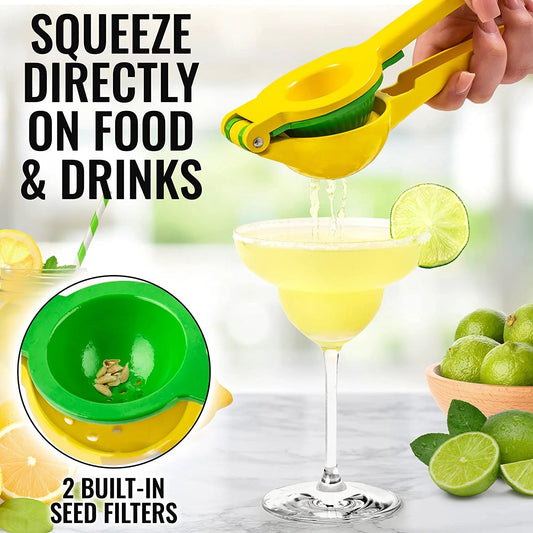 Yellow lemon squeezer with green seed filters being used on a cocktail, surrounded by limes and a glass of lemonade.