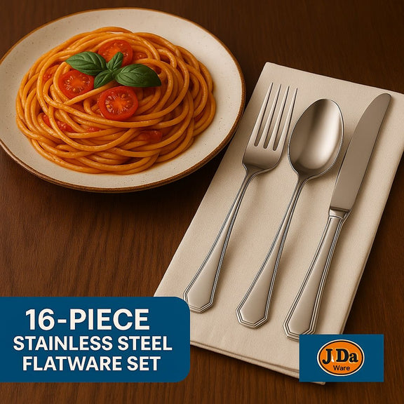 16-piece stainless steel flatware set with a plate of spaghetti on a wooden table, featuring JDa Ware branding.