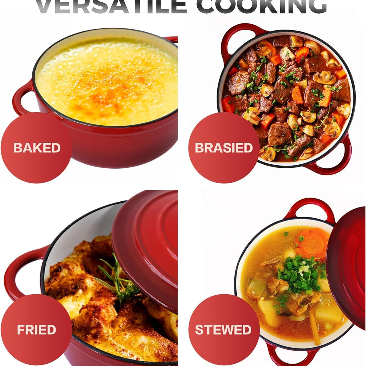 Four cooking methods shown with red pots containing different dishes labeled 'Baked', 'Brased', 'Fried', and 'Stewed'.