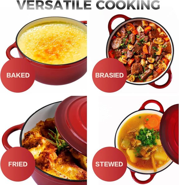 Four cooking methods shown with red pots containing different dishes labeled 'Baked', 'Brased', 'Fried', and 'Stewed'.