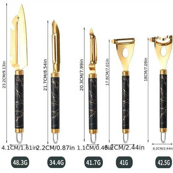 Set of kitchen utensils with black marble handles and gold accents, shown with measurements and weights.