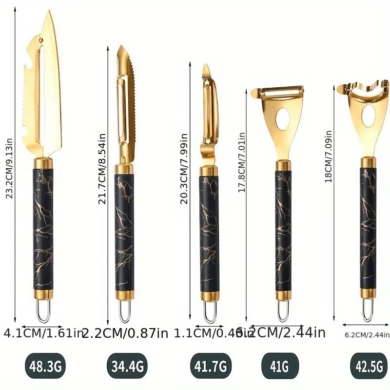 Set of kitchen utensils with black marble handles and gold accents, shown with measurements and weights.