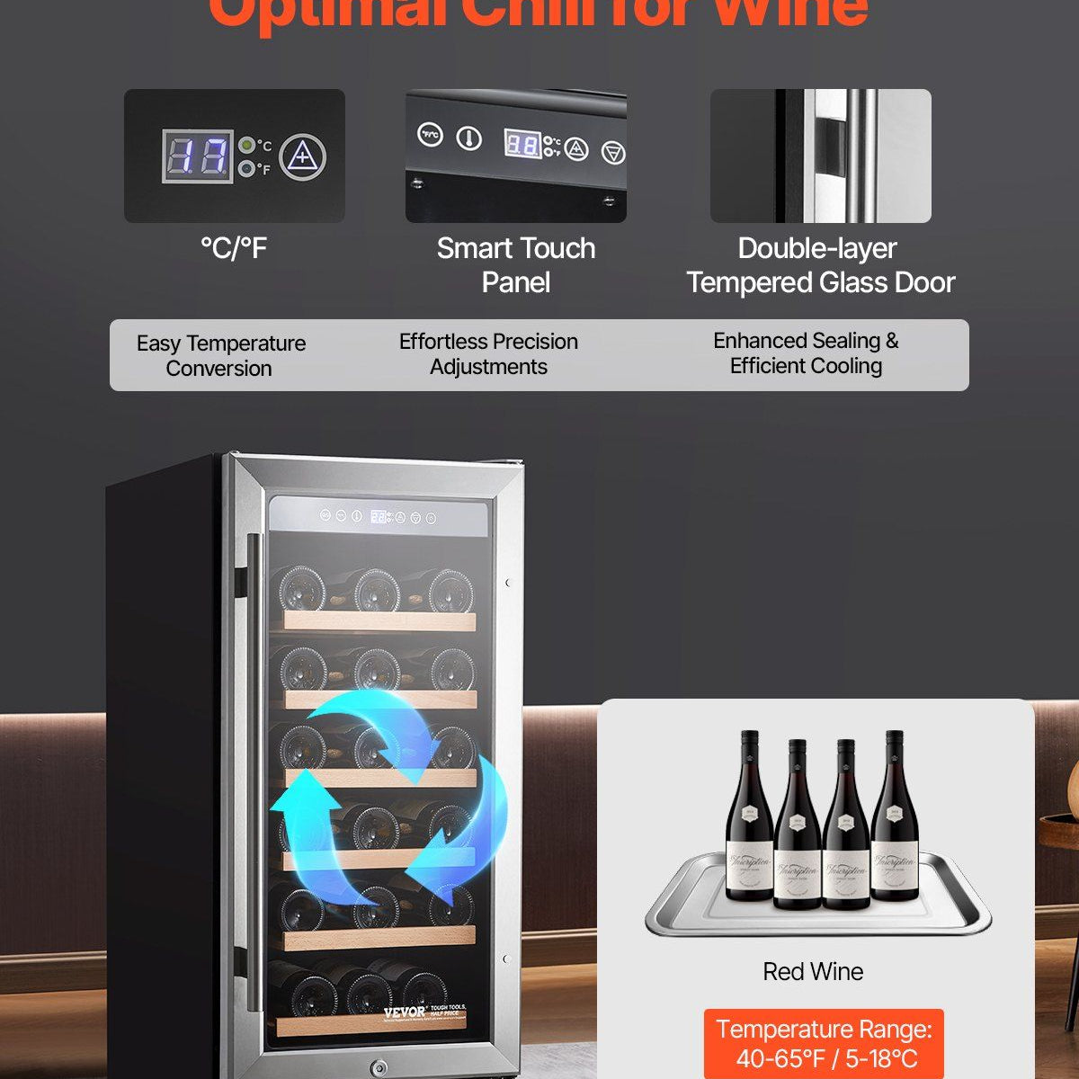 Wine cooler with features highlighted on a dark background
