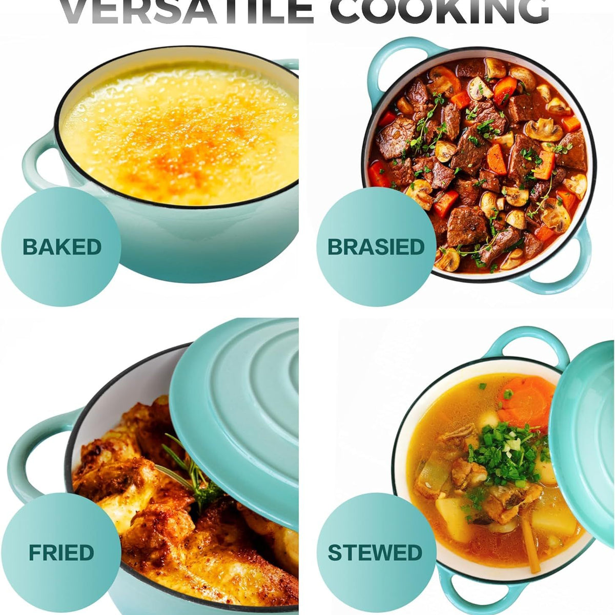 Four types of food cooked in a teal pot with labels for baked, braised, fried, and stewed.
