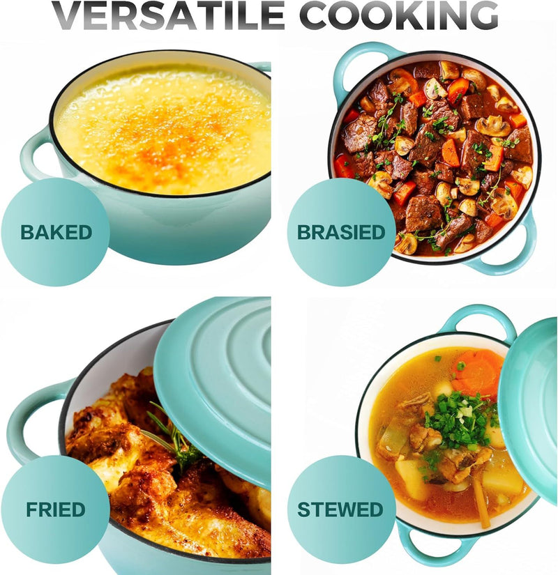 Four types of food cooked in a teal pot with labels for baked, braised, fried, and stewed.