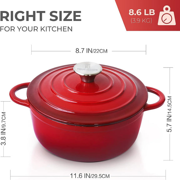Red cookware pot with lid and measurements on a white background