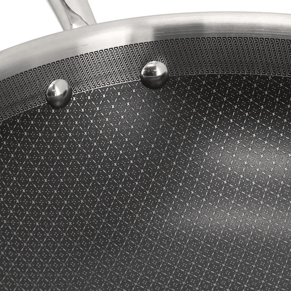 Close-up of a non-stick frying pan with textured surface and metallic handle.