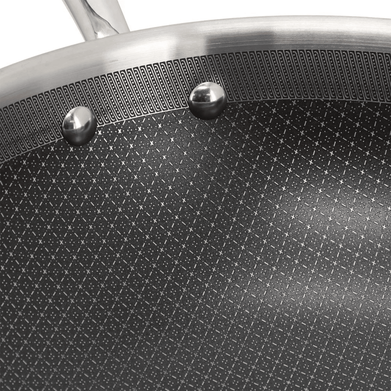 Close-up of a non-stick frying pan with textured surface and metallic handle.