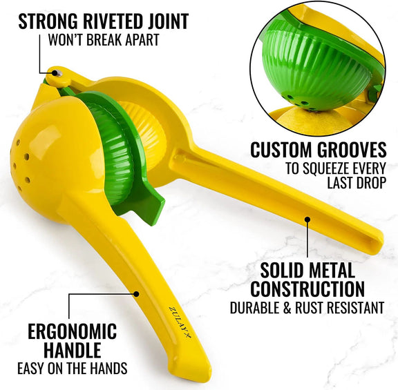 Yellow manual juicer with green accents on a white background, featuring text highlighting features.