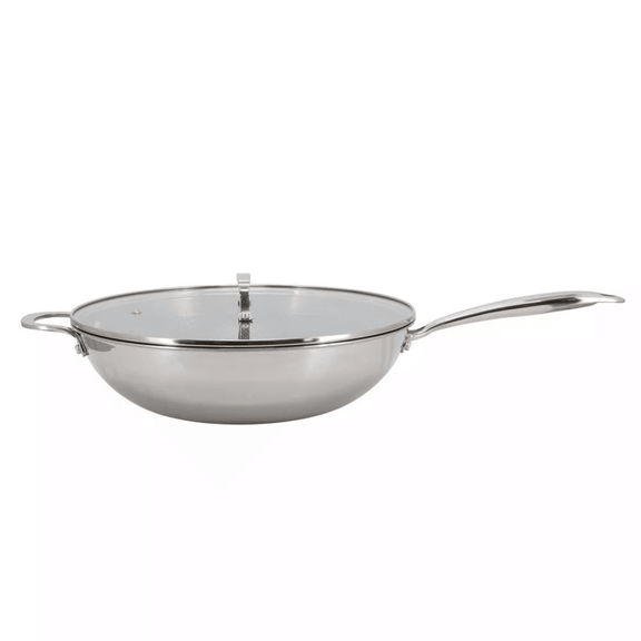 Stainless steel wok with lid on a white background
