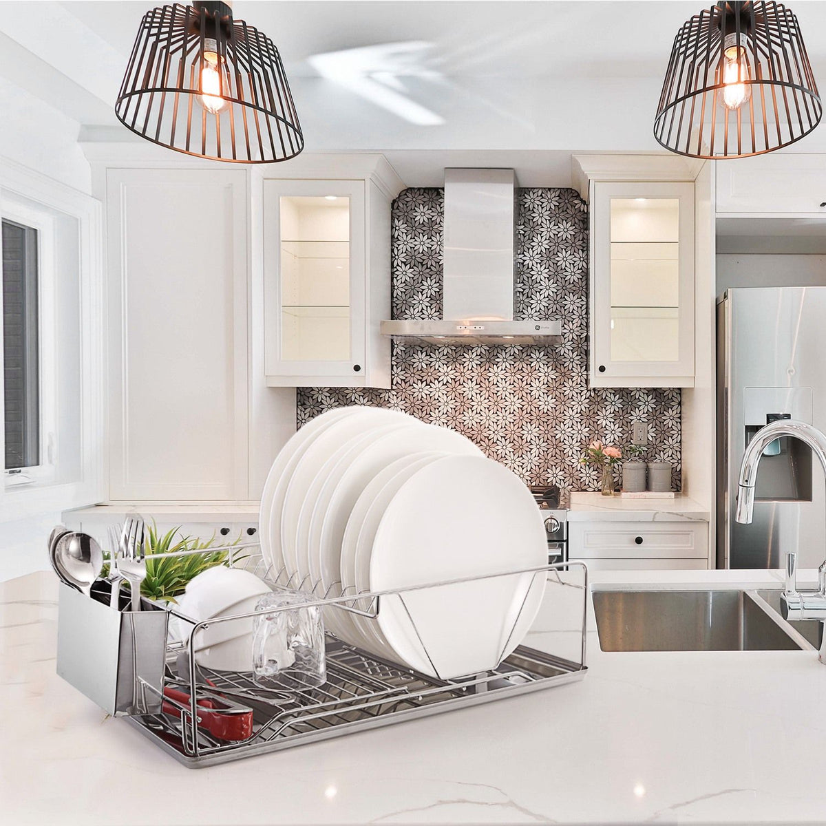 Modern kitchen with a dish rack on a countertop