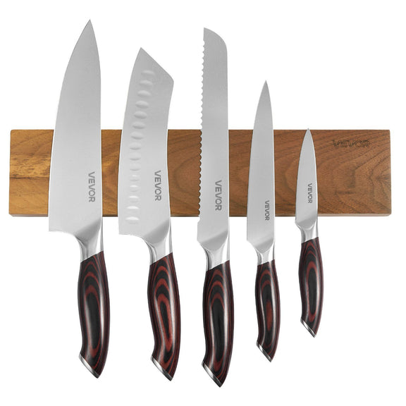 Set of five knives with wooden handles on a magnetic strip, brand 'Vevor' visible.