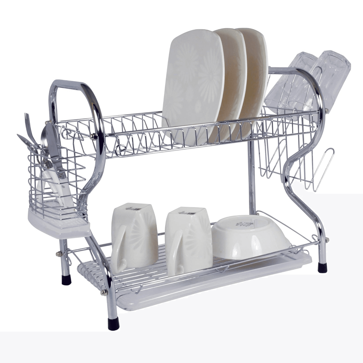 Chrome dish rack with dishes and kitchen items on a white background
