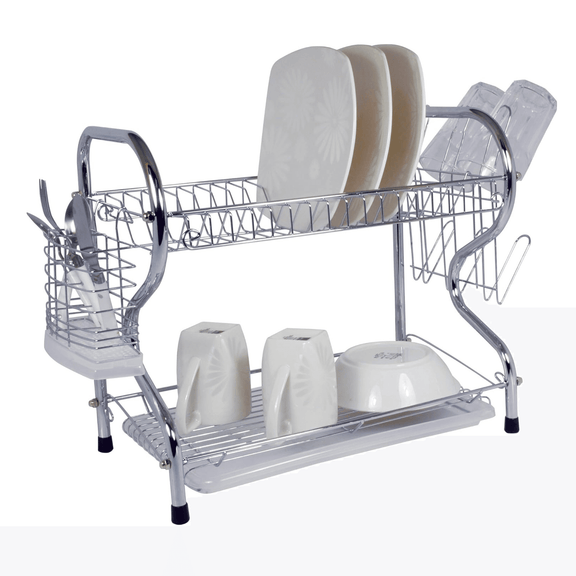 Chrome dish rack with dishes and kitchen items on a white background