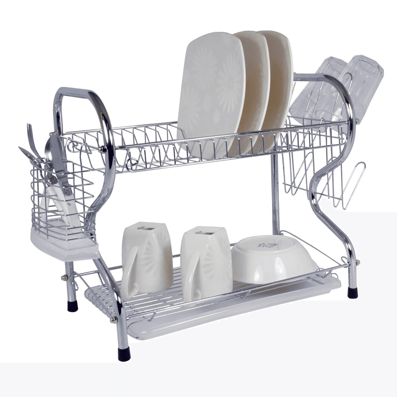 Chrome dish rack with dishes and kitchen items on a white background