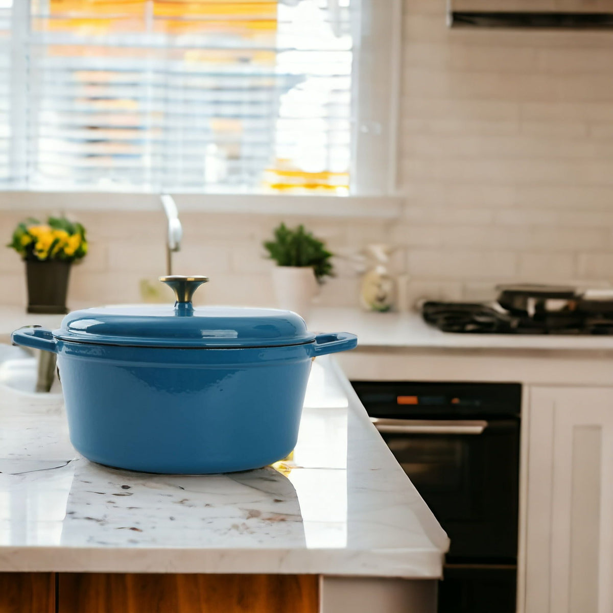 Blue 4.75 quart enameled cast iron dutch oven on a table.