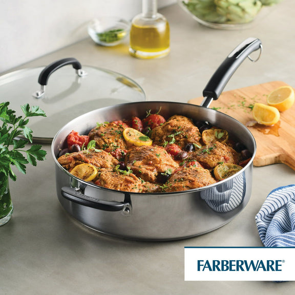 Stainless steel pan with food on a kitchen counter, featuring the Farberware brand.