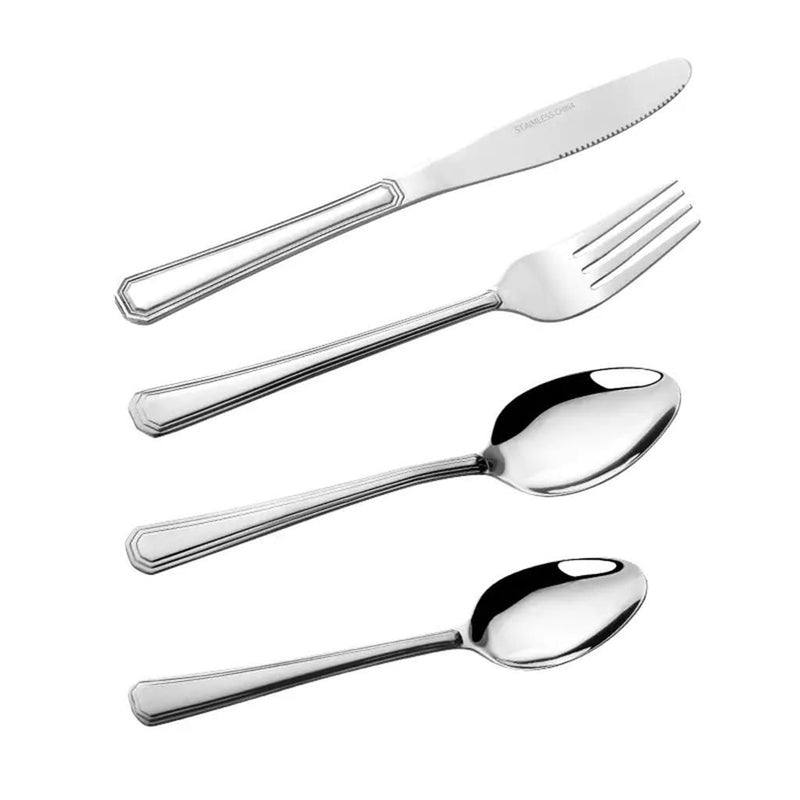 Set of silver cutlery including a knife, two forks, and two spoons on a white background.