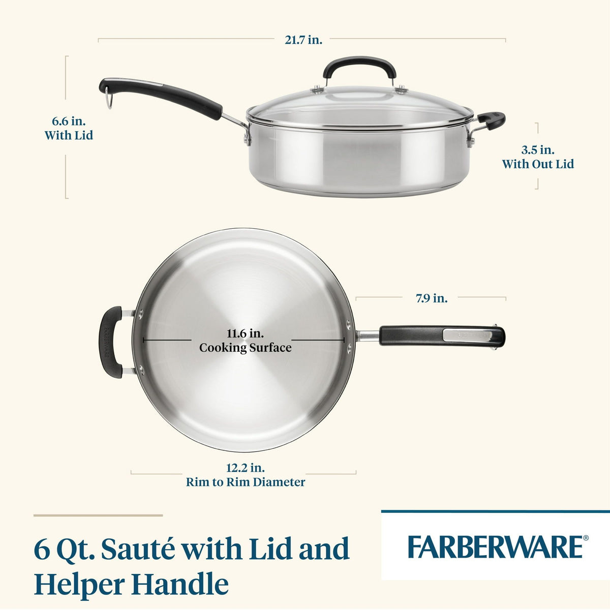 Farberware 6 Qt. Sauté with Lid and Helper Handle showing dimensions and Farberware logo.