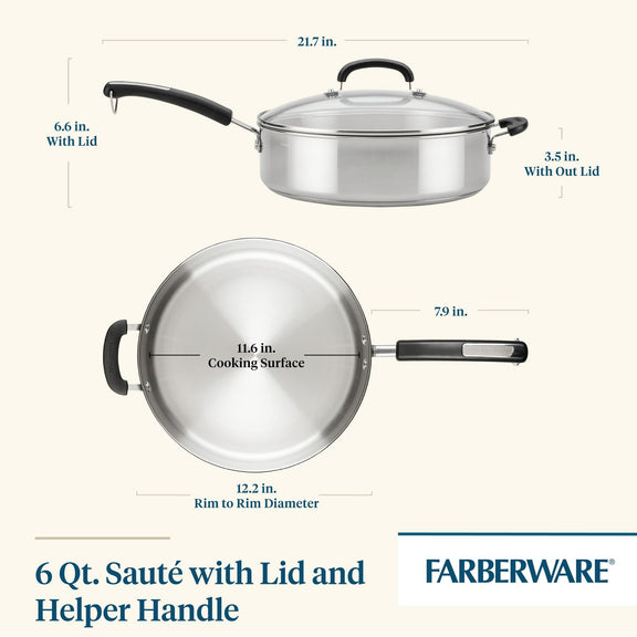 Farberware 6 Qt. Sauté with Lid and Helper Handle showing dimensions and Farberware logo.