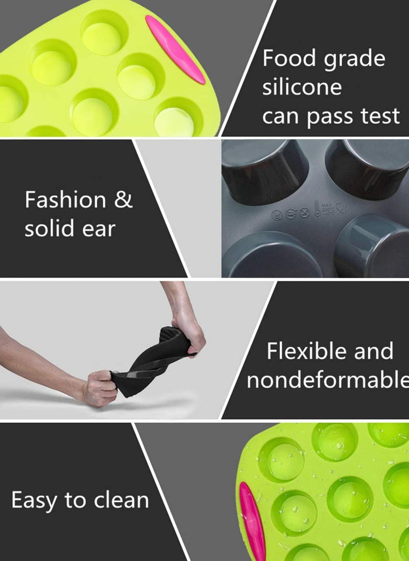 Collage of green silicone mold with text highlighting features like food-grade safety, fashion design, flexibility, and ease of cleaning.