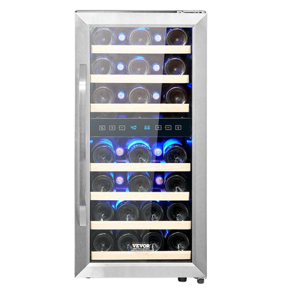 VinoTech wine cooler with glass door displaying wine bottles on a white background