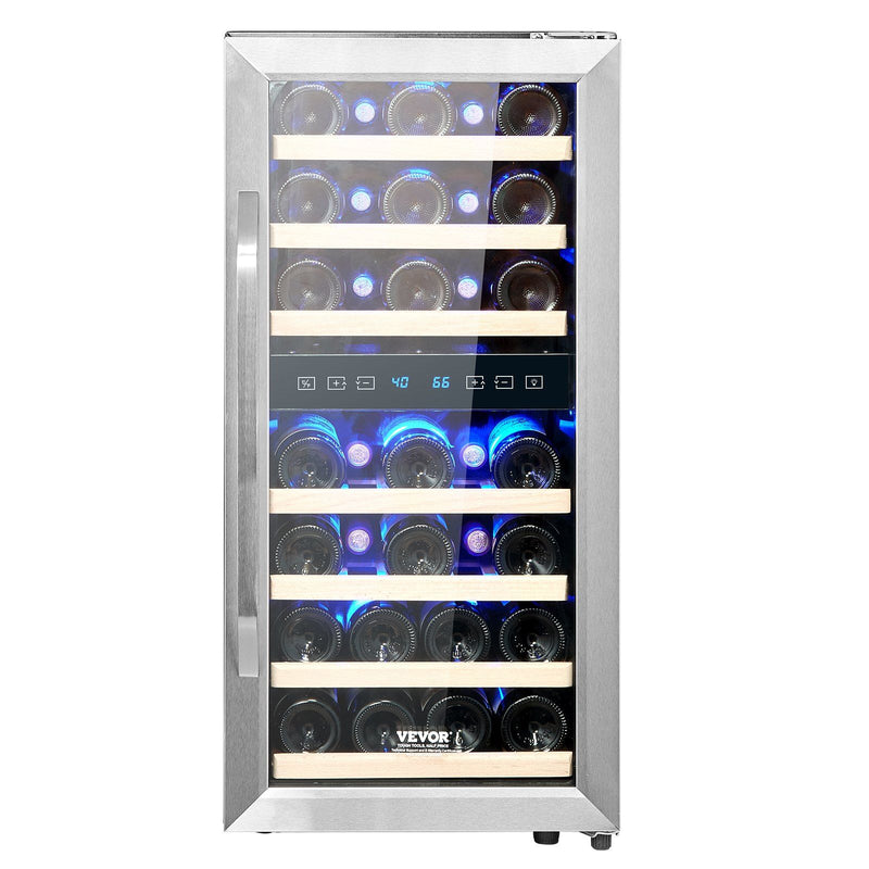 VinoTech wine cooler with glass door displaying wine bottles on a white background